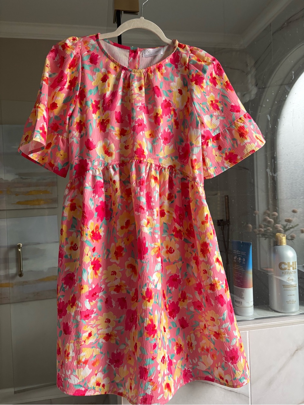 Women’s Pink Floral Dress with Flutter Sleeves